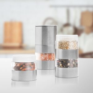 BEWELLO 4-in-1 stainless steel spice grinder with four compartments filled with spices. - Spice Rack
