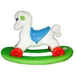 White rocking horse with blue saddle, green base, and red wheels - Rocking horse & animal