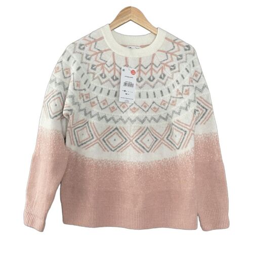 Sinsay oversize női pulóver geometriai mintával, rózsaszín és fehér