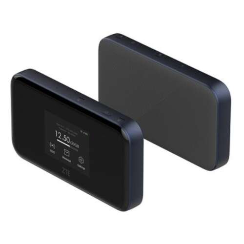 ZTE MU5001 WiFi6 vezeték nélküli 5G/4G router, fekete, ferde nézet, elülső és hátsó oldal látható, képernyőn látható az adatforgalom
