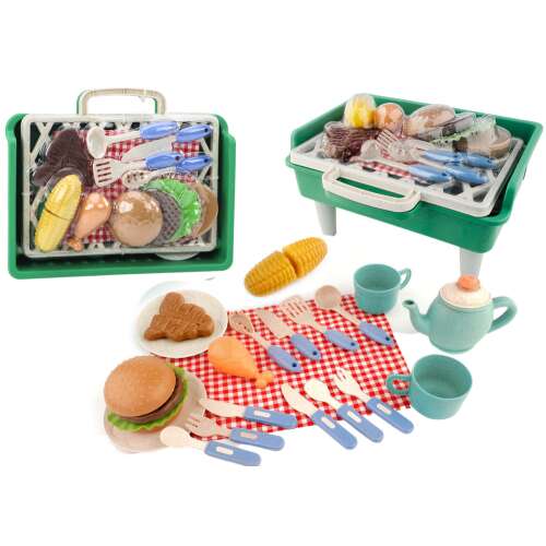 Kollázs a Barbecue játékszettről grillel, étellel, evőeszközökkel, tányérokkal és csészékkel.