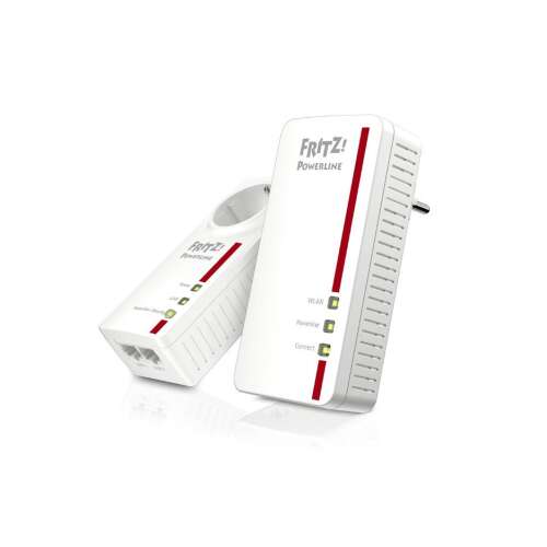 FRITZ!Powerline 1260E WLAN Set, dva adaptéry, jeden so zásuvkou, druhý s dvoma LAN portami