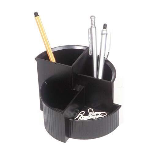 Organizator de birou Helit Linear cu 4 compartimente, negru, cu pixuri, creioane și agrafe