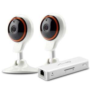 Mio Smart Home VixCam Kezdő csomag, két fehér vezeték nélküli biztonsági kamera narancssárga díszítéssel és egy fehér hálózati videó rögzítő - Mio