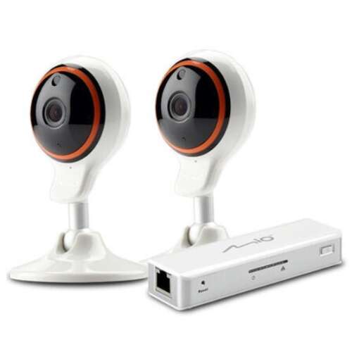 Mio Smart Home VixCam Kezdő csomag, két fehér vezeték nélküli biztonsági kamera narancssárga díszítéssel és egy fehér hálózati videó rögzítő