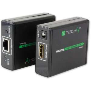 Techly HDMI extender, kabel Cat.6/6a.7, do 60m, Full HD 3D, pokazujący jednostkę nadawczą i odbiorczą - Koncentrator HDMI