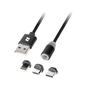 Nahaufnahme des magnetischen USB-Kabels von Rebel mit Micro-USB-, USB-Typ-C- und Lightning-Adaptern - Rebel