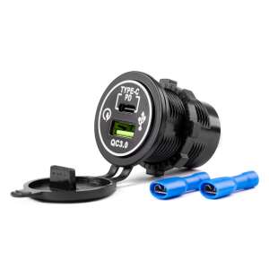 Vízálló kettős USB autós töltő QC3.0 és USB-C PD töltéssel, fekete - Autós töltő