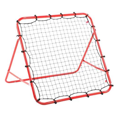 FT24A 100x100cm lepattanó fociedző, vörös acél váz, fekete háló, összecsukható, állítható, földbe szúrható cövekek tartoznak hozzá