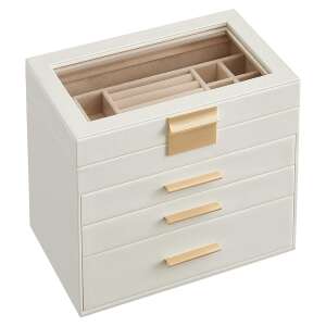 Biela šperkovnica so skleneným vrchnákom a 3 zásuvkami, SONGMICS - Šperkovnice