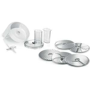 Bosch VeggieLove set for MUM5 kitchen machines, including slicing and grating discs, a pusher, and a lid - Bosch Kitchen Machine Accessory