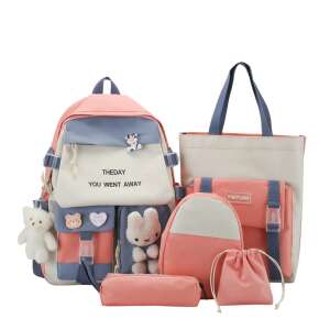 Pink school backpack set with a tote bag, pencil case, small bag, drawstring bag, and a plush keychain. The backpack has a blue and white design with the text "The day you went away" and a cute animal design. - OEM