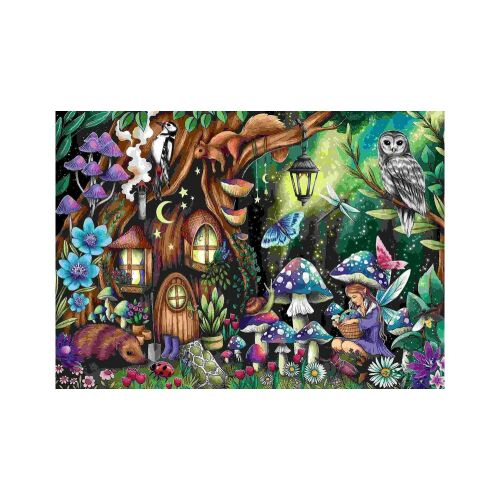 Puzzle Tündérvilág 1000 dielikov zobrazujúce čarovnú lesnú scénu s vílou, hubami a lesnými tvormi.