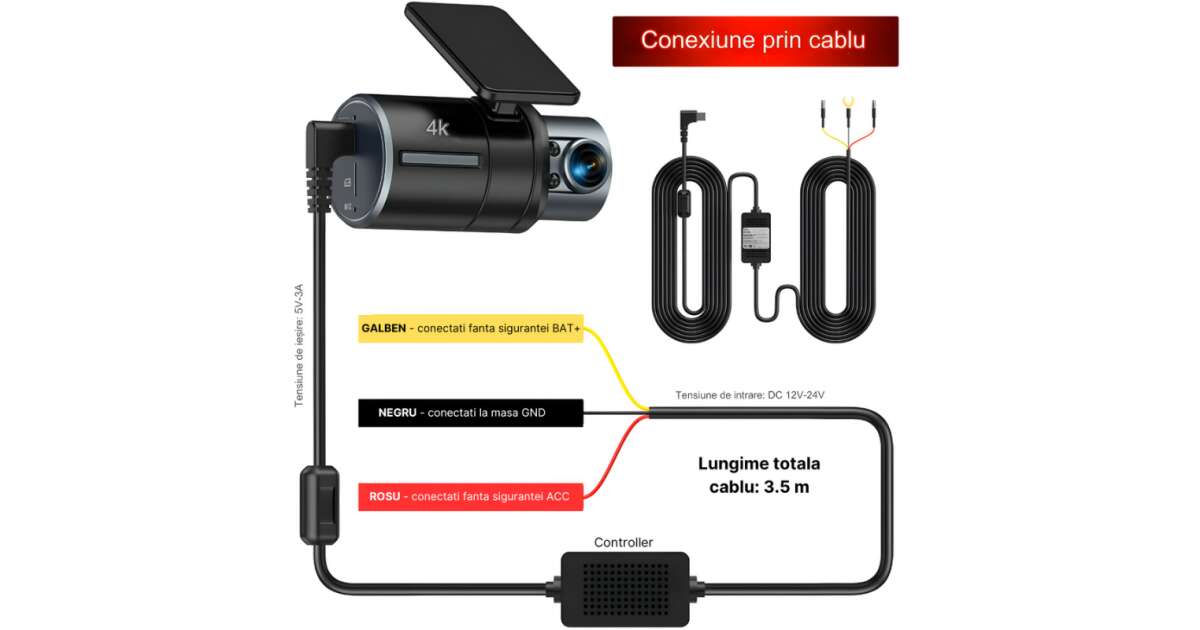 Dash Cam Fuse Box Power Supply Kit with 12-24V Transformer to Type-C 5V/3A, 3.5m Cable Length, Low Battery Protection, Fuse Adapters Included 105601442