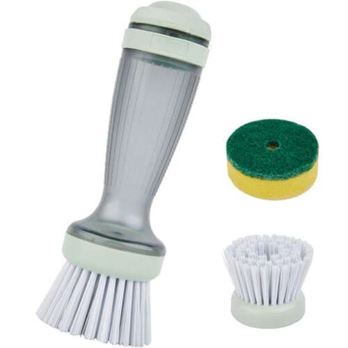 PROMERCO® Mosogatókefe szappanadagolóval, 2 az 1-ben tisztítókefe súrolóval és szivaccsal, Mosogatószeres edénymosó eszköz edényekhez, serpenyőkhöz, tányérokhoz, konyhai tisztításhoz