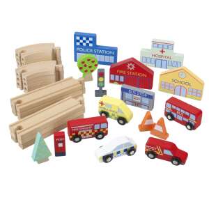 Orange Tree Toys Set de drum din lemn cu servicii de urgență, cu ambulanță, mașină de pompieri, mașină de poliție și clădiri - Tren, element feroviar, autostradă