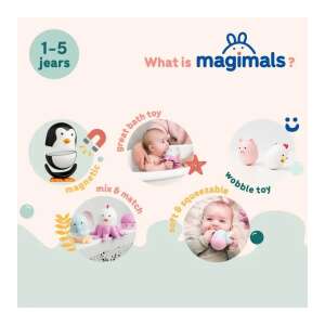Magimals Magnetyczna zabawka do kąpieli Pingwin i Ośmiornica kolaż pokazujący zakres wiekowy i funkcje - Clics