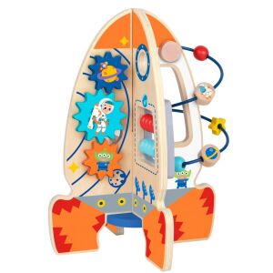Tooky Toy Rakietowa Kostka Aktywności - Drewniana Zabawka Edukacyjna z Labiryntem Koralikowym, Sortownikiem Kształtów, Abakusem - Moni