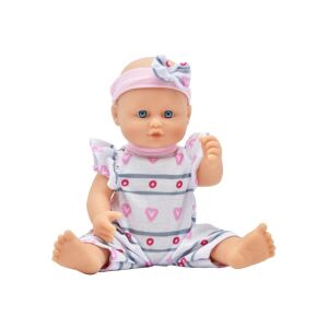 Седяща кукла за къпане Dolls World с розова лента за глава и гащеризон със сърца - Баба и Къща за кукли