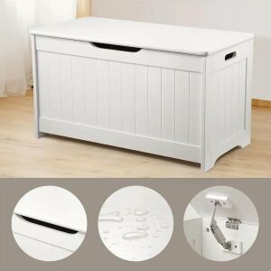 Drewniana skrzynia na zabawki dla dzieci, ławka ze schowkiem i pokrywą z wolnym domykiem do pokoju dziecięcego – biała