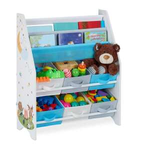 Kinder-Spielzeug- und Bücherorganisator-Regal mit 6 Aufbewahrungsboxen, weiß mit Waldtier-Design, Spielzeug- und Bücherorganisator-Regale für Kinderzimmer, Holz mit 6 Textil-Aufbewahrungsboxen - WALD - Babymöbel