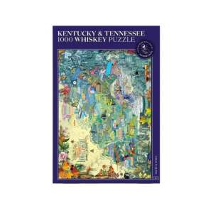Water and Wines Kentucky & Tennessee 1000 piece jigsaw puzzle, featuring a map of Kentucky and Tennessee with illustrations of whiskey distilleries and landmarks - Puzzle