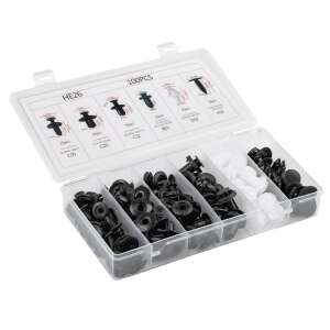100 piece car clips and fasteners kit, assorted sizes, black and white, in a plastic storage box - Vehicle body fastener