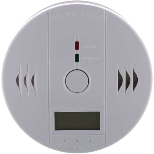 Retlux RDT 301 carbon monoxide detector, white, front view, with warning label