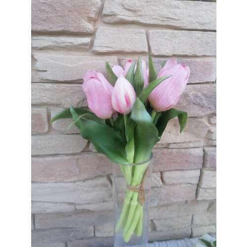 real touch Tulipán Művirág 7 szálas csokorban 28cm #rózsaszín  ballagásra tanárnéni,óvónéni,dadus felirattal is kérhető