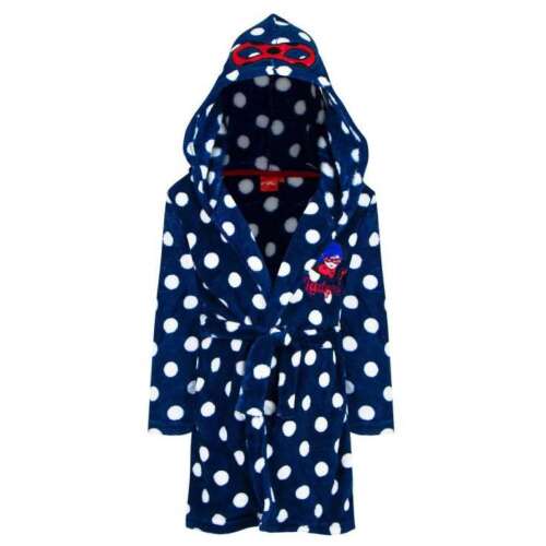 Dětský župan Miraculous Ladybug, Modrý s bílými puntíky, s kapucí, Měkký Coral Fleece, 3-4 roky