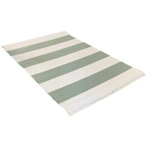 Timeless Tools green and beige striped outdoor rug on white background. - Timeless Tools