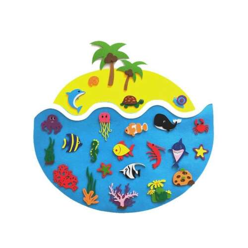 Tépőzáras filc tengeri állat kirakós, tartalmaz delfint, teknőst, bálnát, polipot, medúzát, halakat, rákot, tengeri csillagot és még sok mást