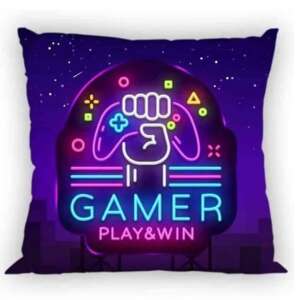 Неонова калъфка за възглавница Gamer Play & Win, 40x40cm, лилав фон, неонов надпис - Homyl