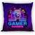 Husa de pernă neon Gamer Play & Win, 40x40cm, fundal violet, inscripție neon