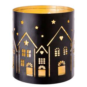 LUMINOUS mécsestartó, fekete fém, arany házakkal és csillagokkal - Mécsestartó