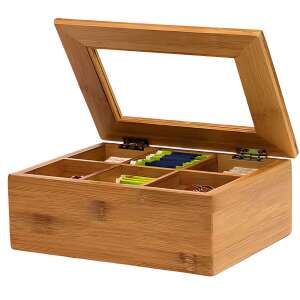 Doboz 6 rekesszel JOZY® teászacskókhoz, bambusz, 21x16x7,8 cm, por- és nedvességvédő huzattal