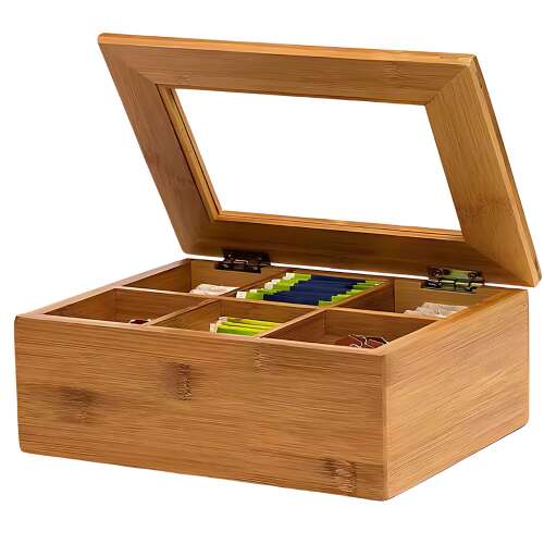 Doboz 6 rekesszel JOZY® teászacskókhoz, bambusz, 21x16x7,8 cm, por- és nedvességvédő huzattal