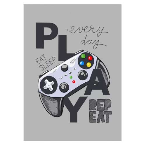 Gamer-Decke mit einem Gamepad und dem Text 'Eat Sleep Play Repeat' auf grauem Hintergrund