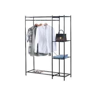 Black metal garment rack with 3 shelves for clothes and shoes, 110 x 40 x 150 cm - Clothing Rack