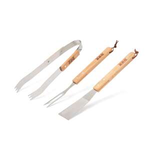 BBQ grilling tool set, 3 piece set, spatula, tongs, fork, wooden handle, stainless steel - Garden