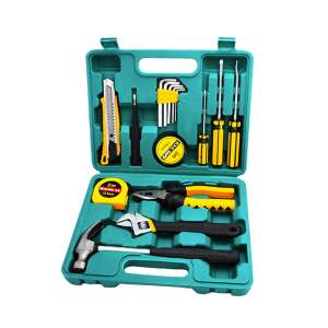 16 piece tool set in a green carrying case, includes hammer, pliers, screwdriver, tape measure, and more - Tool Set