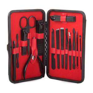 Manicure set with 15 pieces, including nail clippers, scissors, tweezers, and more, in a black case with red lining - Manicure set