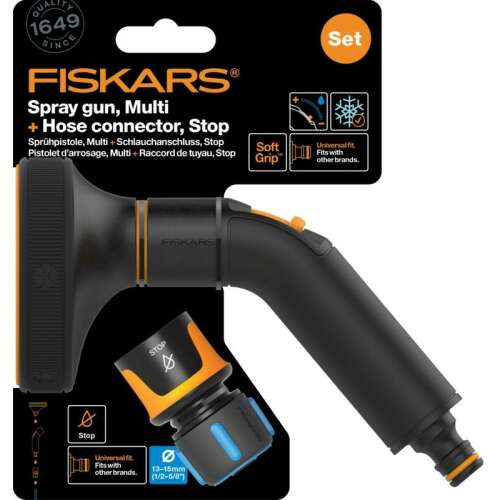 Fiskars Multi pistol de pulverizare cu conector de furtun, Stop, Soft Grip, 13-15mm