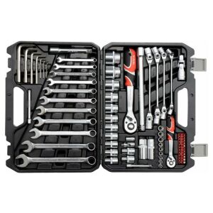 Yato YT-38781 Steckschlüsselsatz, geöffneter Koffer mit Schraubenschlüsseln, Stecknüssen und Ratschen - Steckschlüssel