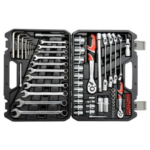 Yato YT-38781 dugókulcs készlet, nyitott tok, villáskulcsokkal, dugókulcsokkal és racsnis hajtókarokkal