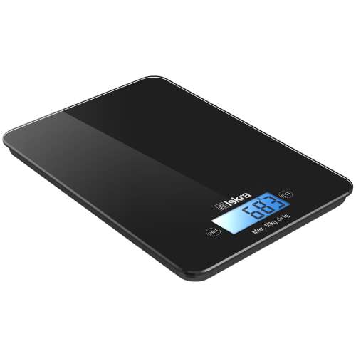 Iskra digitális konyhai mérleg GKS1561A-BL, fekete, 10 kg kapacitás, 1 g osztás, üvegfelület, érintő vezérlőfelület, LCD kijelző, nullázás funkció, automatikus kikapcsolás, csúszásmentes talapzat, túlterhelés és elemmerülés jelző