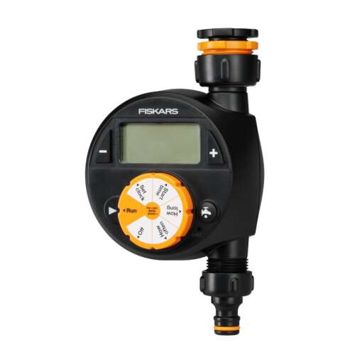 Fiskars digital garden hose timer with single outlet, black and orange, front view