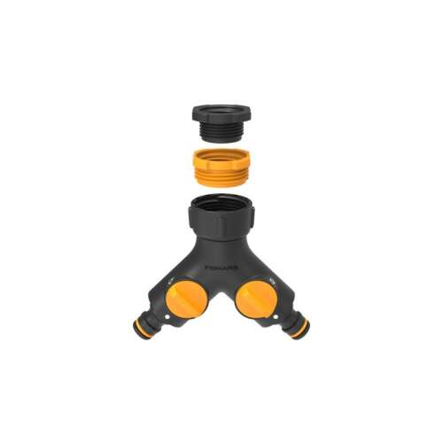Fiskars Iker Conector dublu pentru robinet, negru și galben, dezasamblat, arătând toate piesele