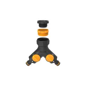 Fiskars Iker Twin Tap Connector, black and yellow, disassembled, showing all parts - Fiskars