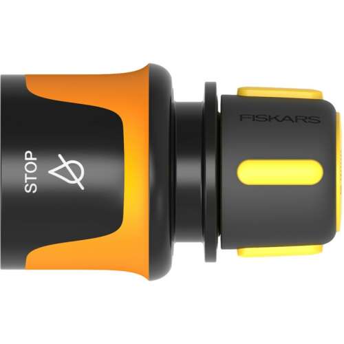 Fiskars 9mm (3/8) STOP hose quick connector, black and orange with yellow accents